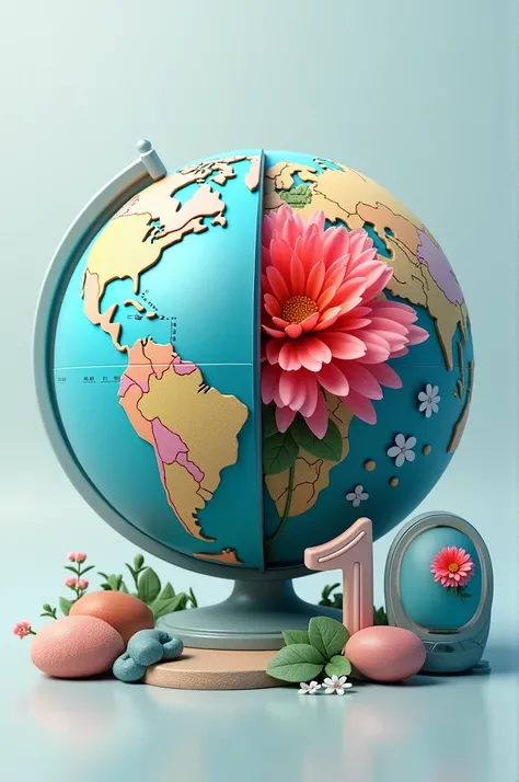  Create a globe divided in half ,  another normal one is a flower, there is an additional letter 20 / 10 below the globe 