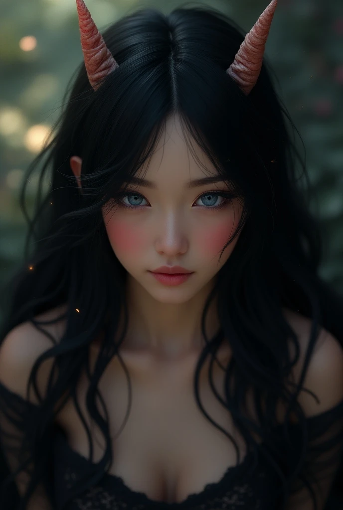 1girl, Long Hair, Looking at viewer, Breasts, Blush, Smile, Blue eyes, Black Hair, Hair Between Eyes, Closed Mouth, Horns, From Above, Simple background, Blurry, Sparkle, Backlighting, Ray Tracing, Rococo Style, 