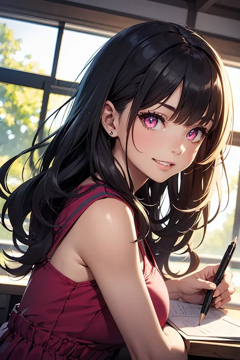 (( 1 girl)), (Draw a picture), Atelier, skirt, Pen,( angle from below) ,((Super detailed,Best Quality,  High Resolution , 8k wallpaper, Beautiful clothes,)),(( Black Hair , Long Hair, straight hair, TWO SIDES UP)), (teeth), Grinning face,  eyeshadow, Eyeli...