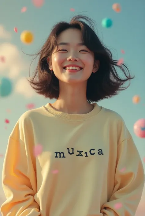 1 happy korean lady unrealistic with a sweatshirt that says Muxica sitting