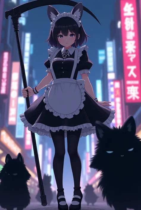  medium hair,Hair color is black,The tips of the hair are white色,Maid服,Maidカチューシャ,Big Breasts,Black tights, high heels with white lines on a black base,Grey Eyes,Maid,He holds a large scythe in one hand,Unmotivated face ,Neon city at night,Anime Style,Zoom...