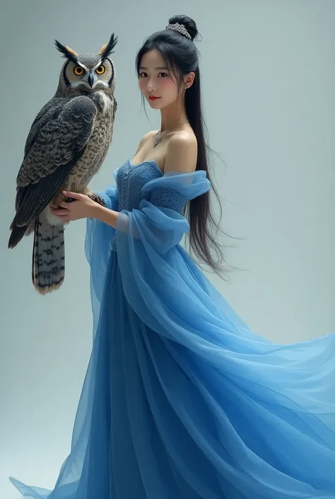 Beautiful Korean woman in blue dress long model standing holding a large owl.Facing the front with a gentle smile 