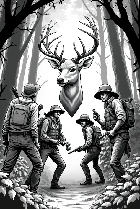 Drawing several poachers, manga style, black-and-white,  deer head 
