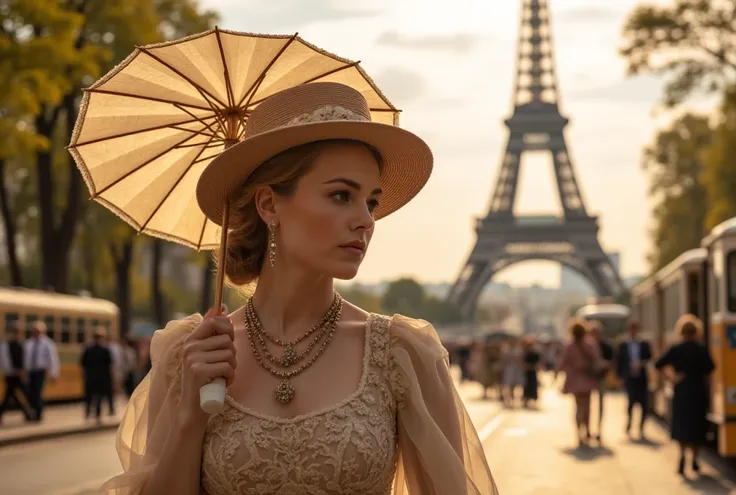 beautiful elegant lady from the late 1800s in paris at the universal exhibition, elegantly dressed in classy and expensive europ...