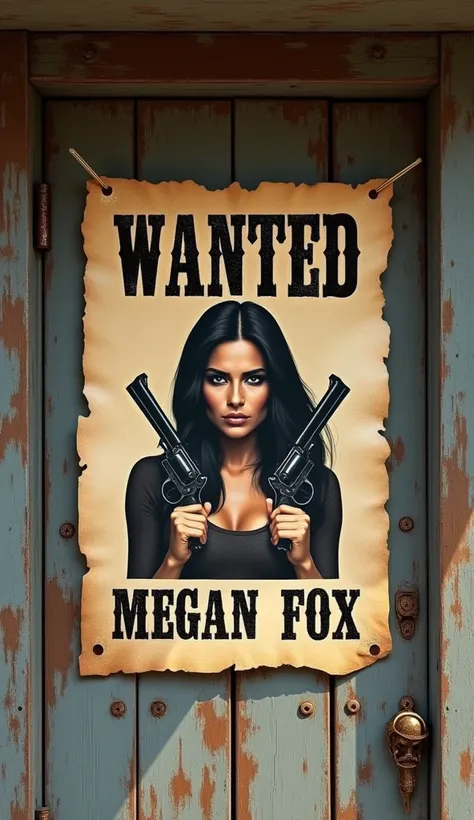 The Dead or Alive wanted poster of Megan Fox  , , a dangerous gunslinger from the Wild West, is pinned to the façade of an Old West jail 