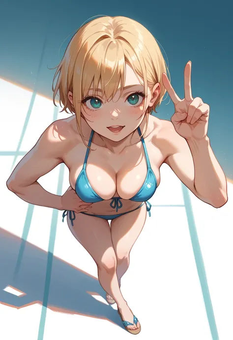 sexy anime girl, bikini, high angle pose, leaning forward, focusing on her breast, arm on waist and the othe arm show v sign