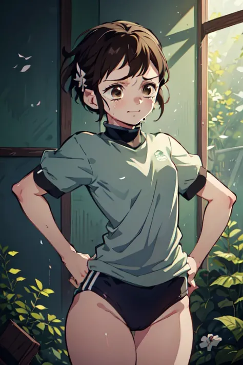 Kimetsu no yaiba style best quality 0.8, beautiful short brown hair girl with detailed brown eyes ((greens)) dull and sad detailed. She cries inconsolably, sadness, Worry. (alone) Black gymnastics bloomers, High leg, smile, black eyes, hands on hips,cowboy...