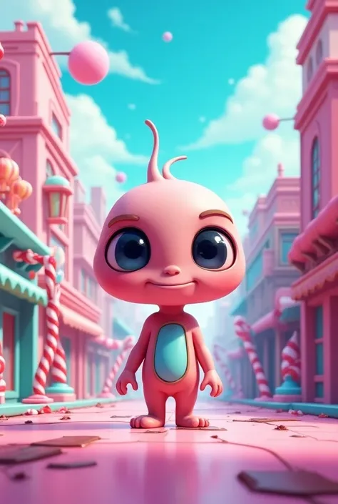 A cute cartoon style alien in the background of a candy city