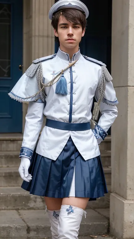 Generate an Image about: Some 12 to high school boys joining the parade wearing a band uniform outfit. Outfit of those boys: 1. Gray-colored tunic with gray and blue sleeves and silver buttons at left to right and white rope within the tunic with olive lea...