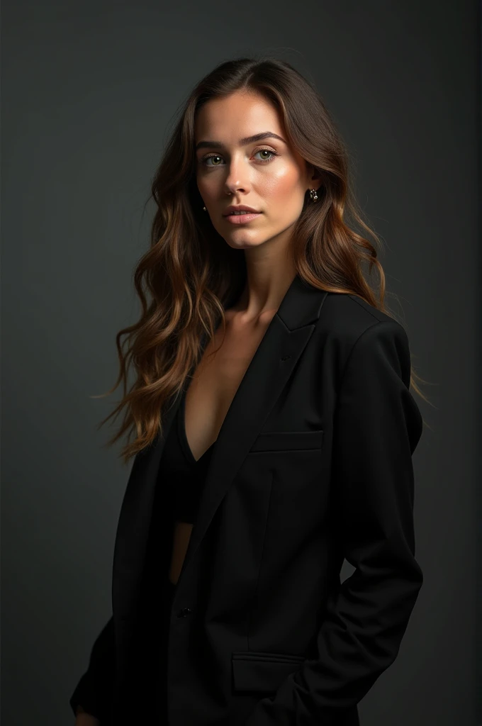 Ultra-realistic photograph of a woman standing confidently in a dimly lit studio. [The background is smooth, dark grey, with soft shadows fading into the edges]. She is wearing a fitted black blazer, left slightly open to reveal a subtle, natural elegance....