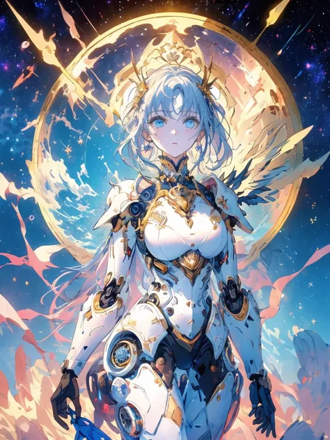 ((( best quality)), ((masterpiece)), ( details), ( of Cosmic Space), SF, A Girl in the Body of a Single Machine,Empty Blue Eyes ,White Face,Blue Hair, Long Ponytail , Blue Flower Armor,Machine Joints,robot finger ,Asymmetrical bangs,, slim figure, Slightly...