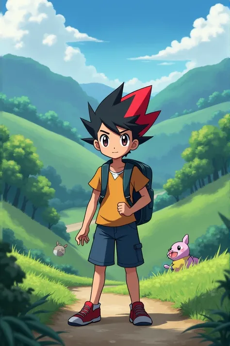 Boy with black and red hair starts a Pokemon adventure 