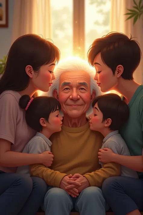  Restoration of memories Image :  A family gathered around an elderly person ,  with smiles and warm hugs ,  while the elderlys mind is represented by a soft light that shines around their head. The elderly person is smiling ,  remembering happy moments , ...