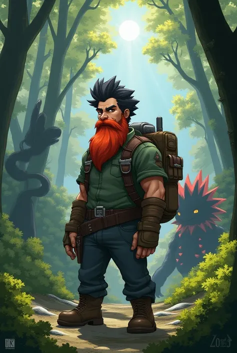 Man with black hair and red beard begins a Pokemon adventure 