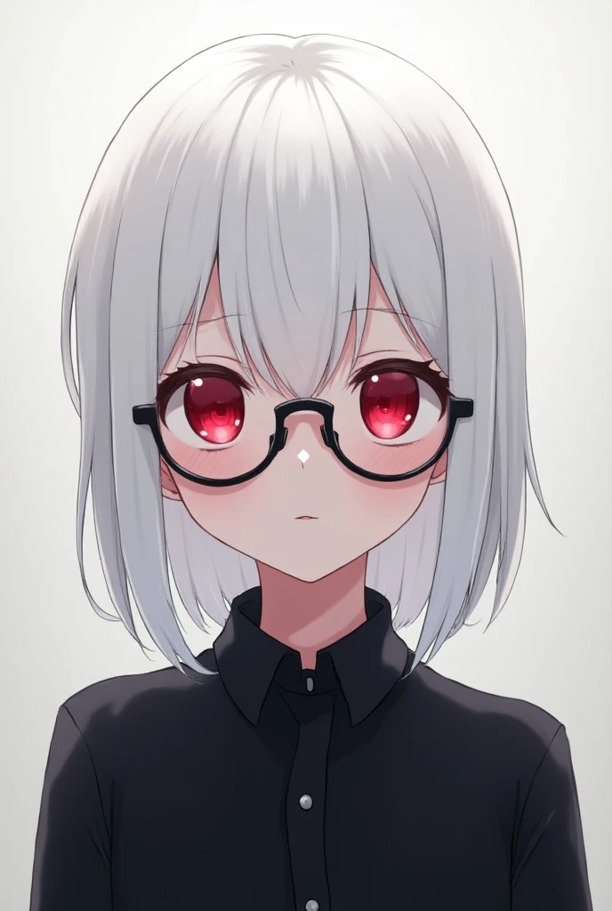  young anime white smooth hair, Black shirt,  wearing black glasses , Shiny red eyes 