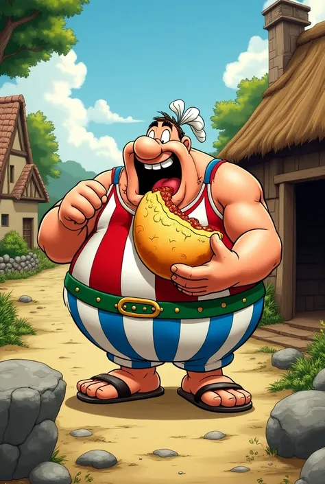 Obelix in asterix cartoon eating a food sawan
