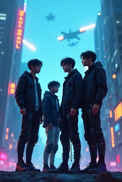 Cyberpunk simulations with four futuristic boys 