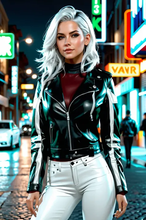 A woman, 25 years old, European, slim, dressed in a leather jacket, boots, leather pants, she has green eyes. She is standing on a night street. She is standing on a night street. (She has beautiful two toned hair, right part hair black and part white hair...