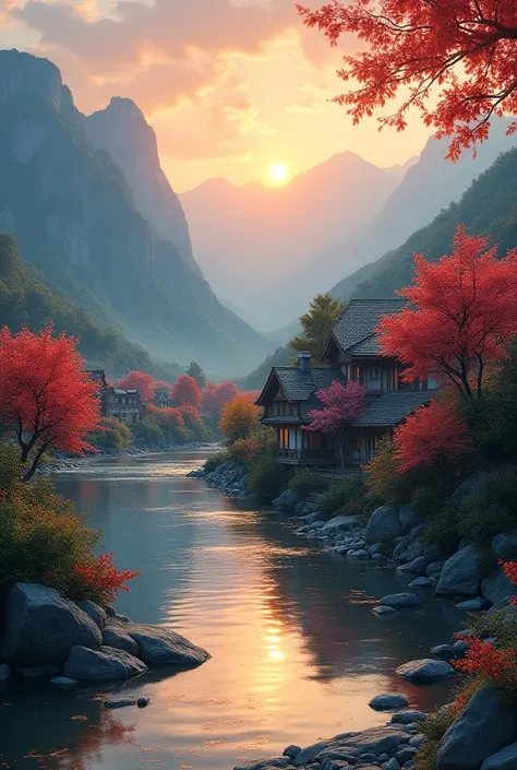  a small village by the river，Mountains in the background，Flowers in bloom，Bright colors，Detailed scenery，Beautiful natural landscape，Mood lighting，Scorching sunset，Warm colors，practical，practical摄影，Delicate leaves，Complex buildings， cobblestone streets ，C...