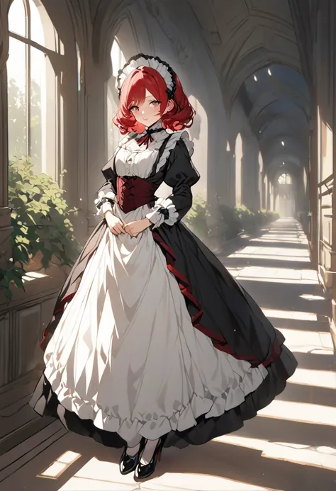 1woman, She has got a long wavy and very fluffy messed up rose red beatifull Jet hair, her eyes are gentle and dark red colored, she wears a long victorian maid dress with a tie, the skirt of the maid dress that reaches to her knees, she wears black high h...