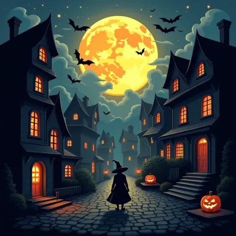 Pixel design style ，Halloween，Fantasy landscape，Witch， dark and melancholy atmosphere ，Full Moon，spooky fog ， cobblestone streets ， Victorian architecture， flying bats ，Jack-o&#39;-lantern，Abandoned buildings，Sense of Space，blank，interesting，Innocence，Psyc...