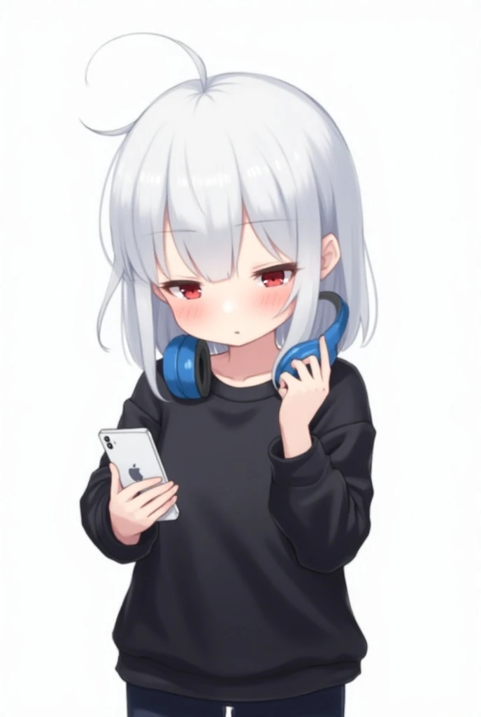  young anime white smooth hair, Black shirt, conjunctivitis, little man, Put on blue headphones, Holding the phone, True Box White Hair