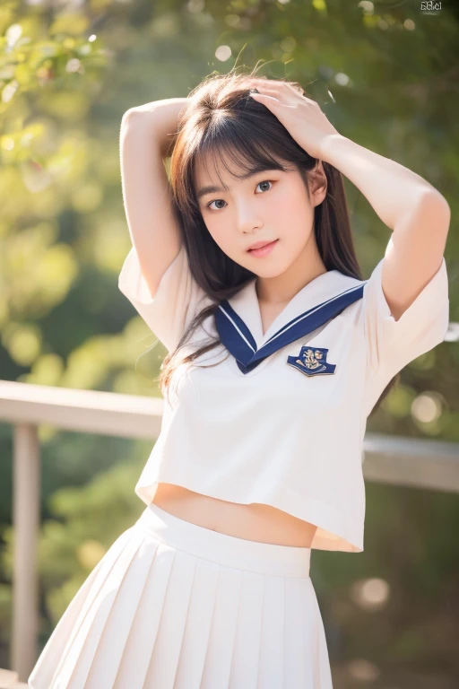 A beautiful young Japanese woman standing with her arms raised above her head, wearing a sailor uniform, staring directly at the camera with extremely detailed features, beautiful eyes, soft lips, and long eyelashes, in an elegant pose, under warm, invitin...