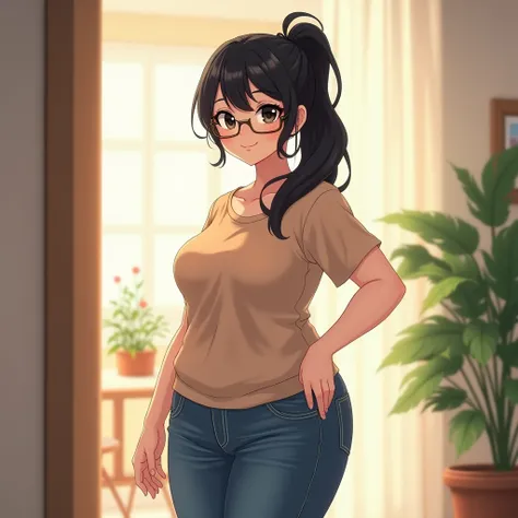 "A slightly overweight plus-size anime girl with black hair tied in a ponytail, wearing glasses and with dark eyes. She is standing and dressed in casual clothes, such as a comfortable top and jeans. The scene should show her in a relaxed, everyday setting...