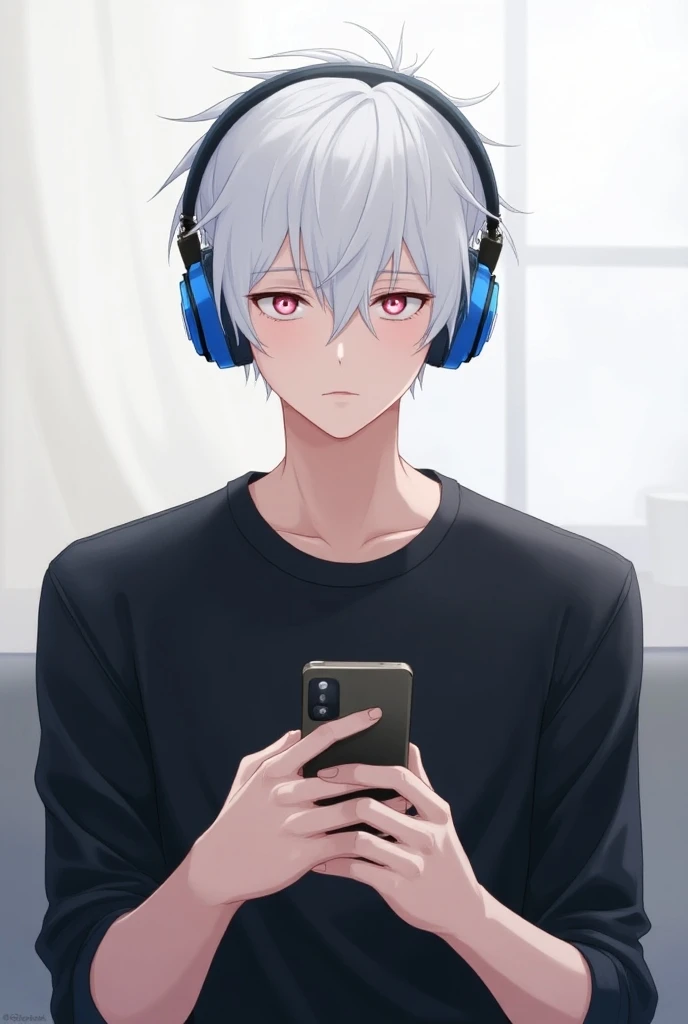 Young White Hair Anime, Black shirt, conjunctivitis, man, Put on blue headphones, Holding the phone, 