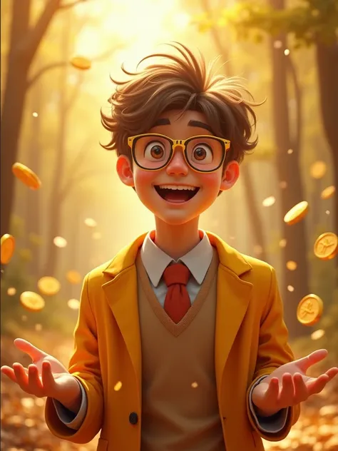 Youthful， gold-framed glasses
Seventeen year old male businessman in front，messy hair
Childish ，
LOL
tingle
Cheerful
Scatter coins

Generous and generous
Full of smiles
golden luster
The sun is shining
Festive atmosphere
gorgeous costume
Lightweight stride...