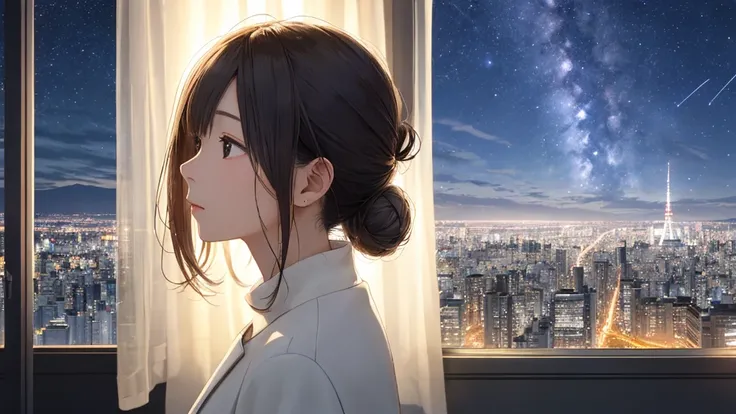 Shiraishi Mei, Looks exactly like Shiraishi Mei,A woman looking up at the sky , ,（(neatly trimmed bun hair 1.8)）。One person travel、20th Generation、Right beside･profile（(1.2)）、 so that the light source is blurry 、To see into the distance、Osaka、Junction、Nigh...