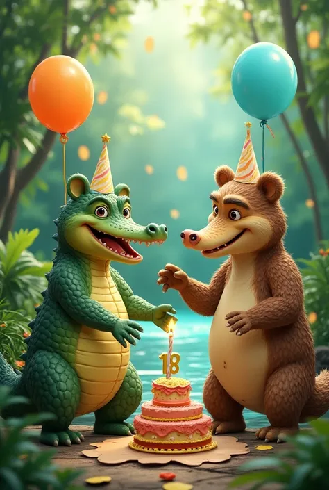  Create an image with 4 animals , 2 alligators and two bears ,  on the alligators 18th birthday 