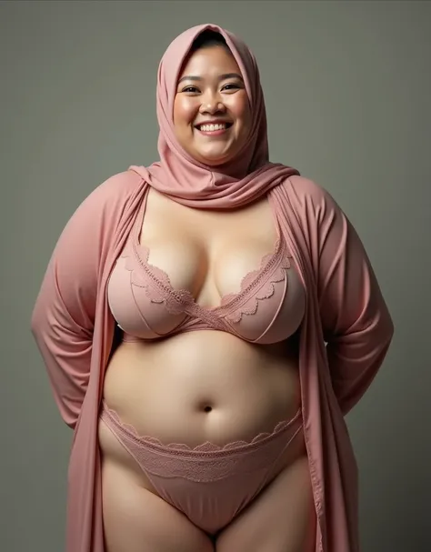 USTAJAH HIJAB INDONESIAN VERY BIG MOMMA WEARING OVERSIZED LINGERIE, SOFT SMILE, HOLD HANDS BEHIND HER BACK!, ( 50x-UltraSharp ),  YOU ARE VERY NAUGHTY, tera pencil painting  