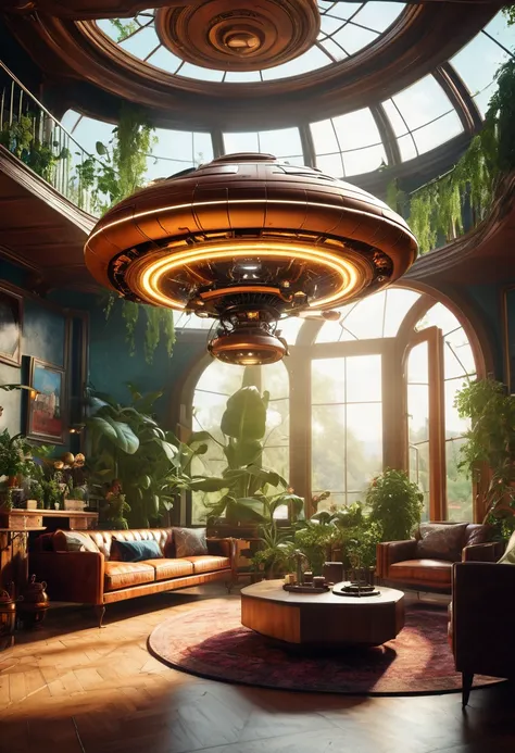 a highly detailed, hyper-realistic, cinematic lighting, organic steampunk style mechanical sci-fi UFO sitting in a modern, overly planted living room, exquisite interior design, 8k, photorealistic, octanerender, incredibly intricate details, surreal