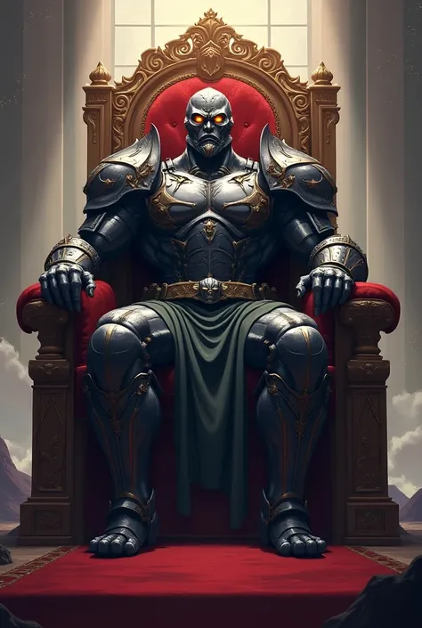 (highest quality:1.2, Anime artwork, Very detailed, High Detail, digital coloring, High Contrast, masterpiece:1.2, highest quality, Best aesthetics), Powerful humanoid knight monster, solemn, majestic, sitting on a throne, wearing a armor