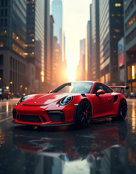 porsche red car with skyscraper night  lighting background in the afternoon