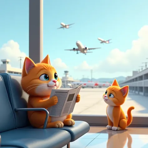 A rander realstic 3D cartoon,"
Waiting at the Gate: The cat and kitten sit at the boarding gate, the cat reading a newspaper while the kitten peers through the large airport windows, watching planes take off and land.