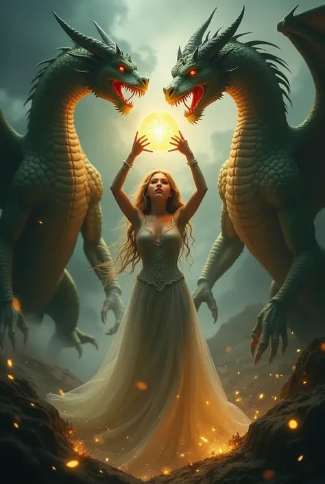 There is a woman, die einen glühenden Ball mit zwei dragon hält, dragongirl,  with magical creatures , dragon,  a protective spell , angiedragon , Hecate, Drachen and their treasures, im Stil von Anne Stokes, Hecate goddess, magical and mystical, magick, w...