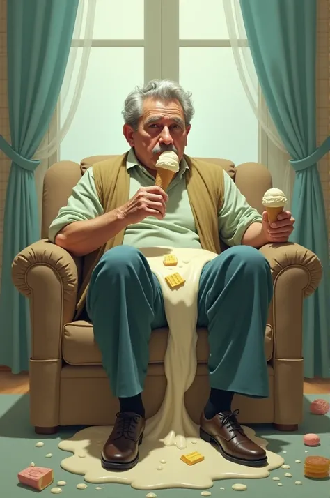 Create a man eaying icecream in his legs with butter