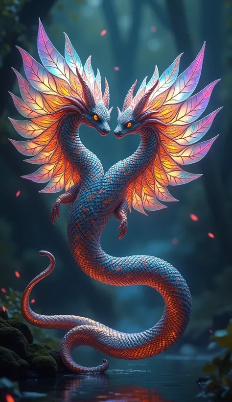 a two-headed iridescent color-changing shapeshifting serpent with shimmering stained glass wings, dual voices representing duality and unpredictability, hyper detailed, 8k, photorealistic, cinematic lighting, dramatic fantasy, intricate scales, vivid color...