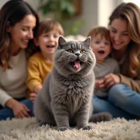  A gray British shorthair cat , sticking out tongue ,  sitting on a living room sofa ,   Family members next to it laugh and point at the cat,   ultra-detailed  , 8k, Highly realistic,  Studio lighting ,   vivid colors  , warm color palette,  beautiful sof...