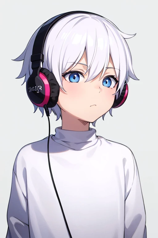  Masterpiece ,   Best quality , 1 boy, Small size, sticker,Minimal background,  upper body ,  Anime Style, cartoon, In Love, White hair, Put on your headphones, Blue eyes, Black sweater, Look straight ahead, Clear image, 