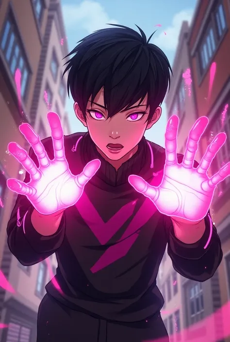 Spiderverse comic panel, man, with black, hair, short hair, pink eyes, pink power, in the building, pale white skin, 17, years old, Korean