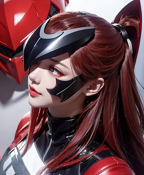 A female red monster, red monster suit, as she monster , full body , red eyes, helmet mask, high detailed, realistic, gloves, ultra realistic, ((full face helmet)), black shield sunglasses on eyes, smart black sunglasses ((red eyes))