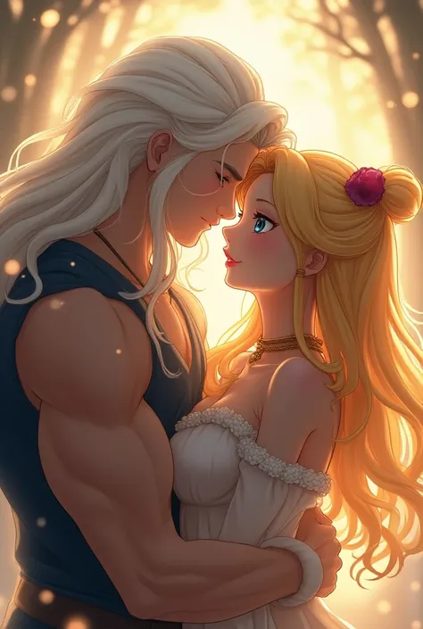 beautiful man with long white hair hugs girl, Sailor Moon,realistic skin,High-quality anime image in 128k Bluray Extreme UHD 4K format. My attention is drawn to the incredibly beautiful Sailor Moon knitted pullover, wavy blond hair that falls like a waterf...