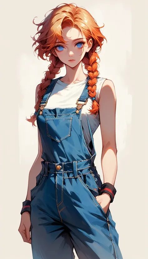 High quality, very high resolution, full color, clear outline, standing, colorful, (beautiful detailed eyes), (beautiful face), (boyish face), large girl, wearing overalls, German descent, short fluffy hair, thick, full body, character sheet, white shirt, ...