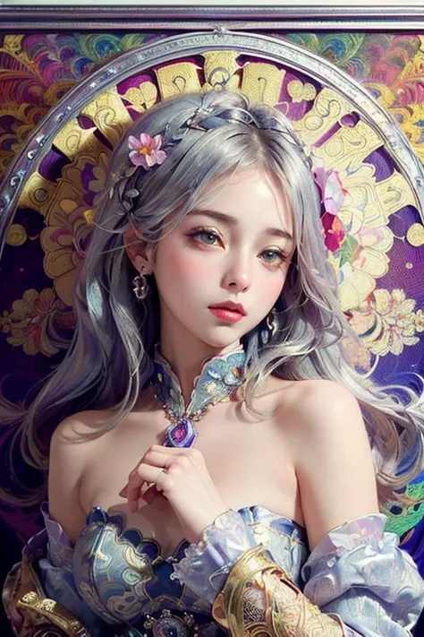 ((Best Information (masterpiece, Best Quality,  best quality, Official Art,  beautiful and aesthetic :1.2), ( 1 girl),  extremely detailed,( Fractal Art :1.3),colorful,Best details,　Symbolism　Floral frame， Decorative panel， Alphonse Mucha 、Silver Hair、 Cry...