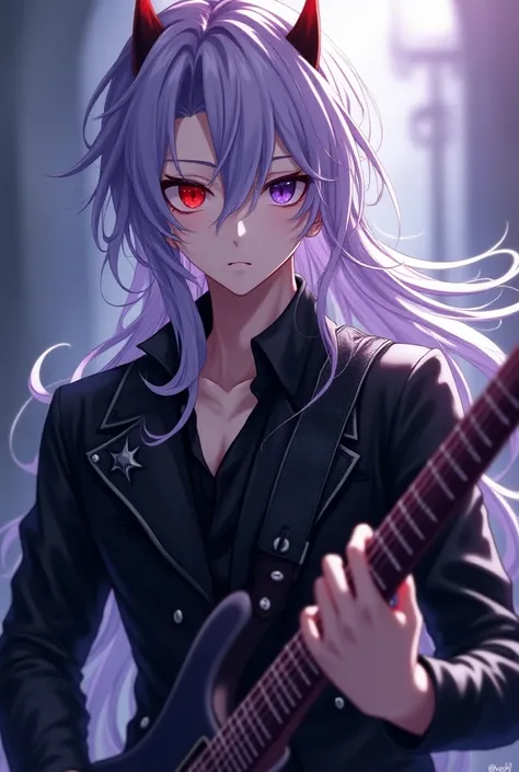 Anime Male long hair, light purple, with devil horns, red left eye, purple right eye, playing guitar, handsome
