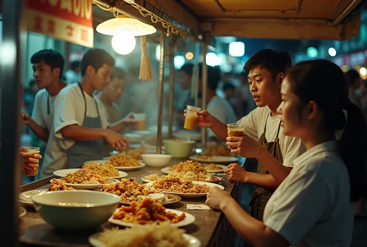 Realistic,, desaturated image from vintage camera, university students celebrate their final examination in suburban market, Thailand 1990.

Character: different face
Posing: eating, drinking, Thai North-Eastern traditional food, food cart, old-style Chef ...