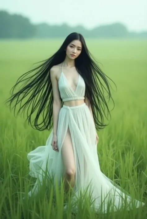  A Uyghur beauty with super black long straight hair, She has thin legs 。 She wears a white skirt ，Standing on the grass， her hair is straight up to her ankles 